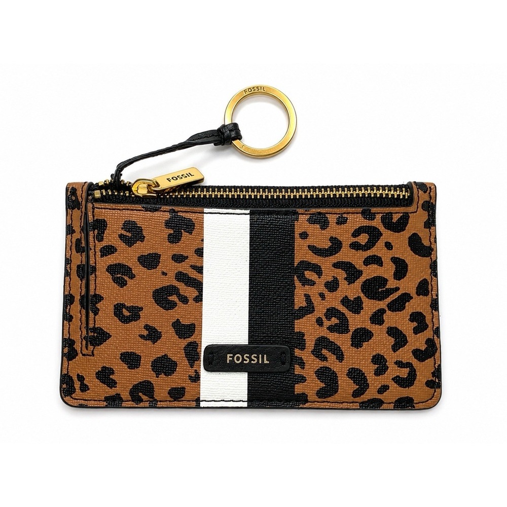 Fossil Leopard Women's Zip Card Wallet Case With Key Chain